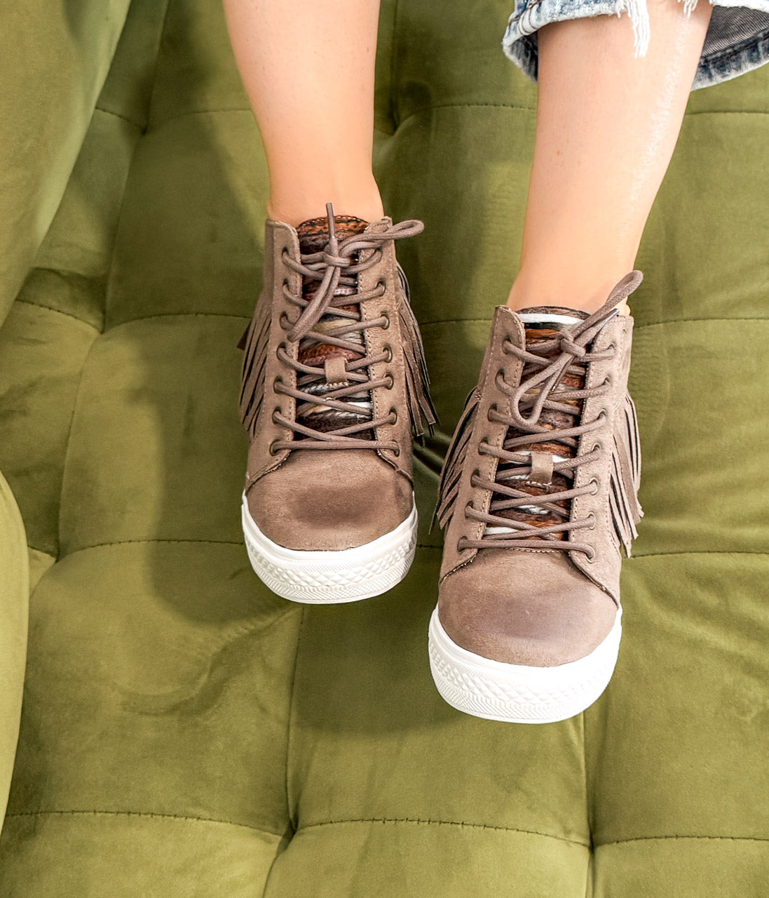 Nick Fringe Wedge Sneaker Taupe With Fringe Detailing Naughty Monkey
